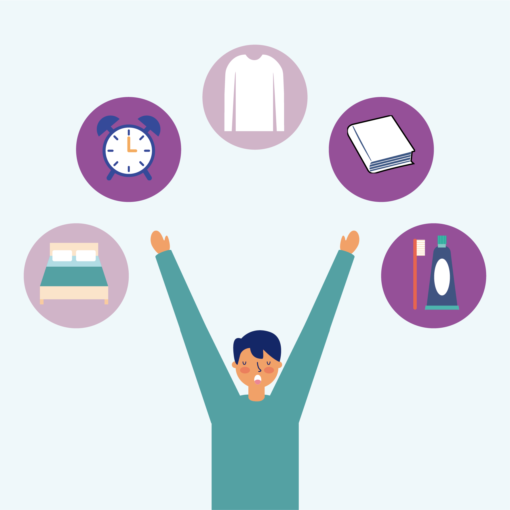 cartoon person surrounded by daily routine images