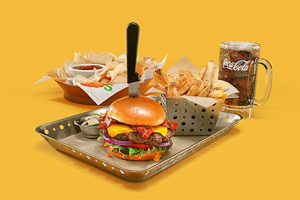 Chili's Just Bacon Burger with fries, chips and salsa and a Coke.