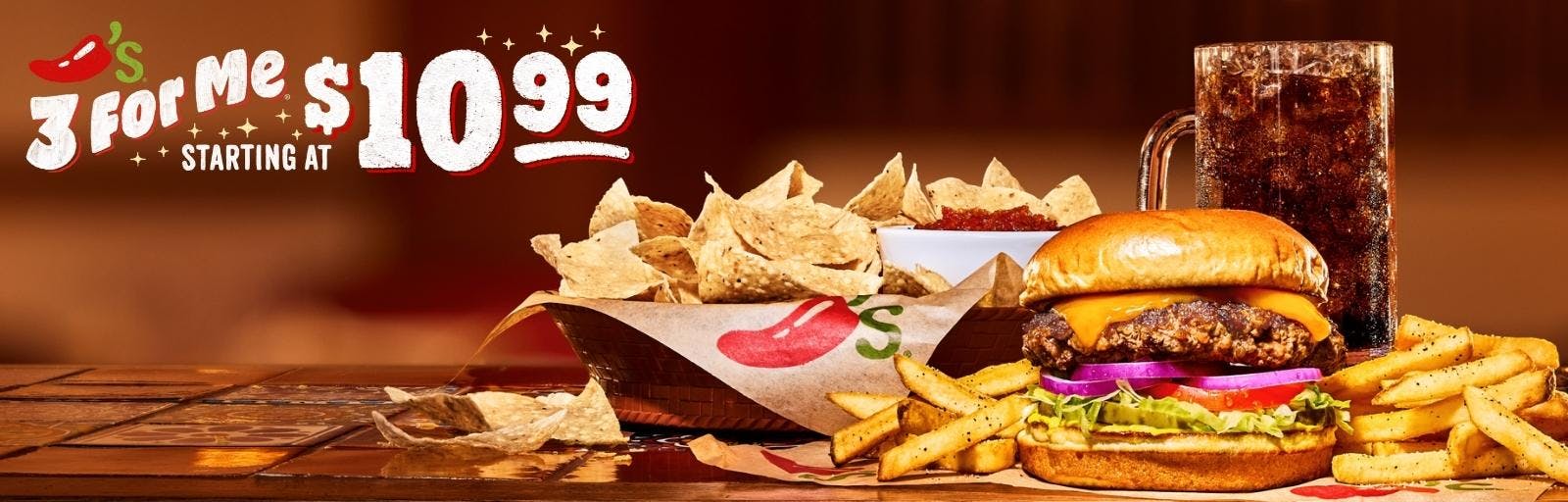 Chili's 3 for Me meal starting at $10.99 with entrees like our Old Time burger with Cheese, Chips & Salsa and a soda