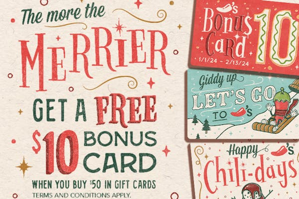 Buy $50 in Gift Cards, Get a $10 e-Bonus Card at Chili's from 11/1 to 12/31