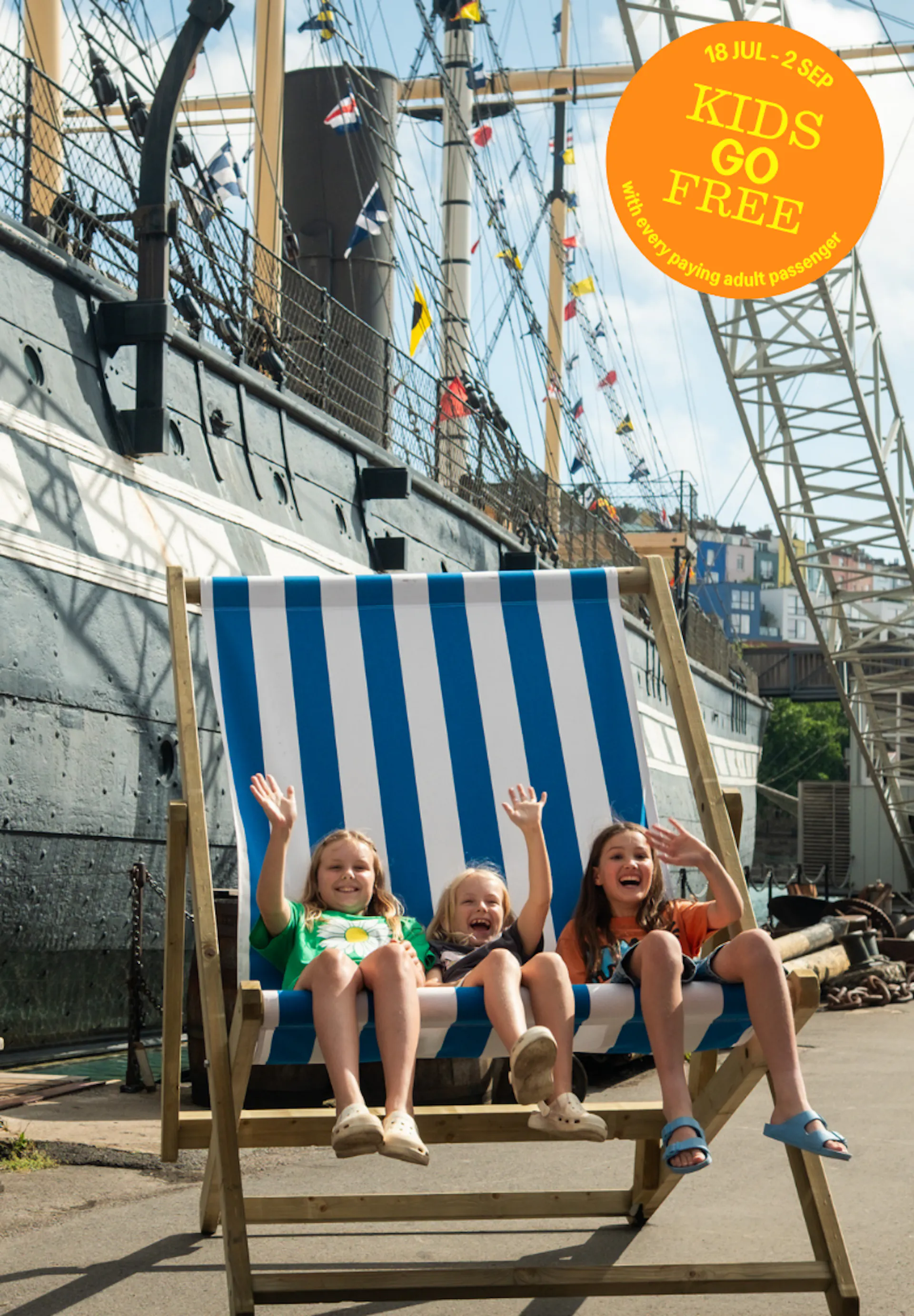 Kids on a deck chair by the SS Great Britain 