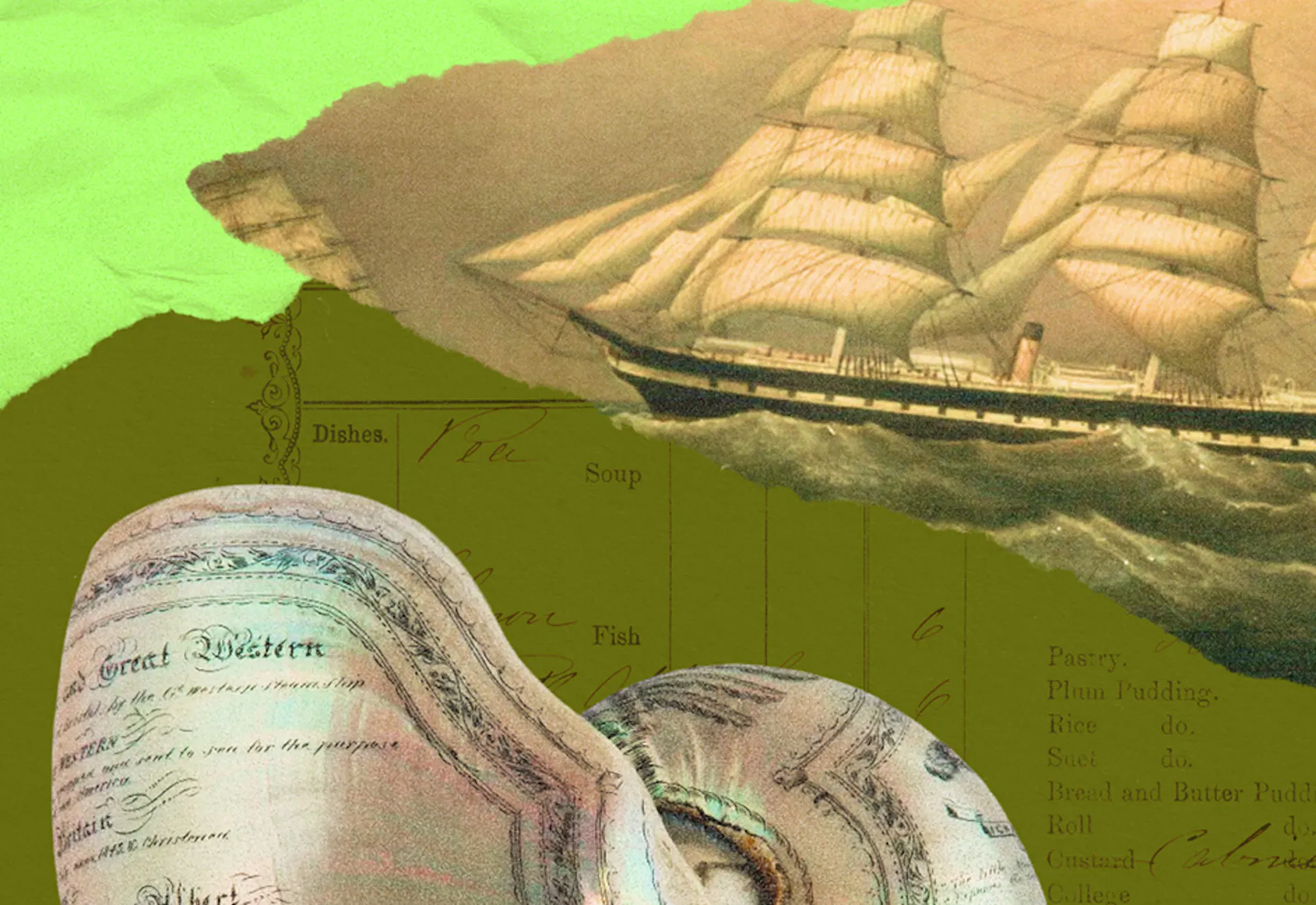 Brunel Institute collage with maritime shell and SS Great Britain painting 