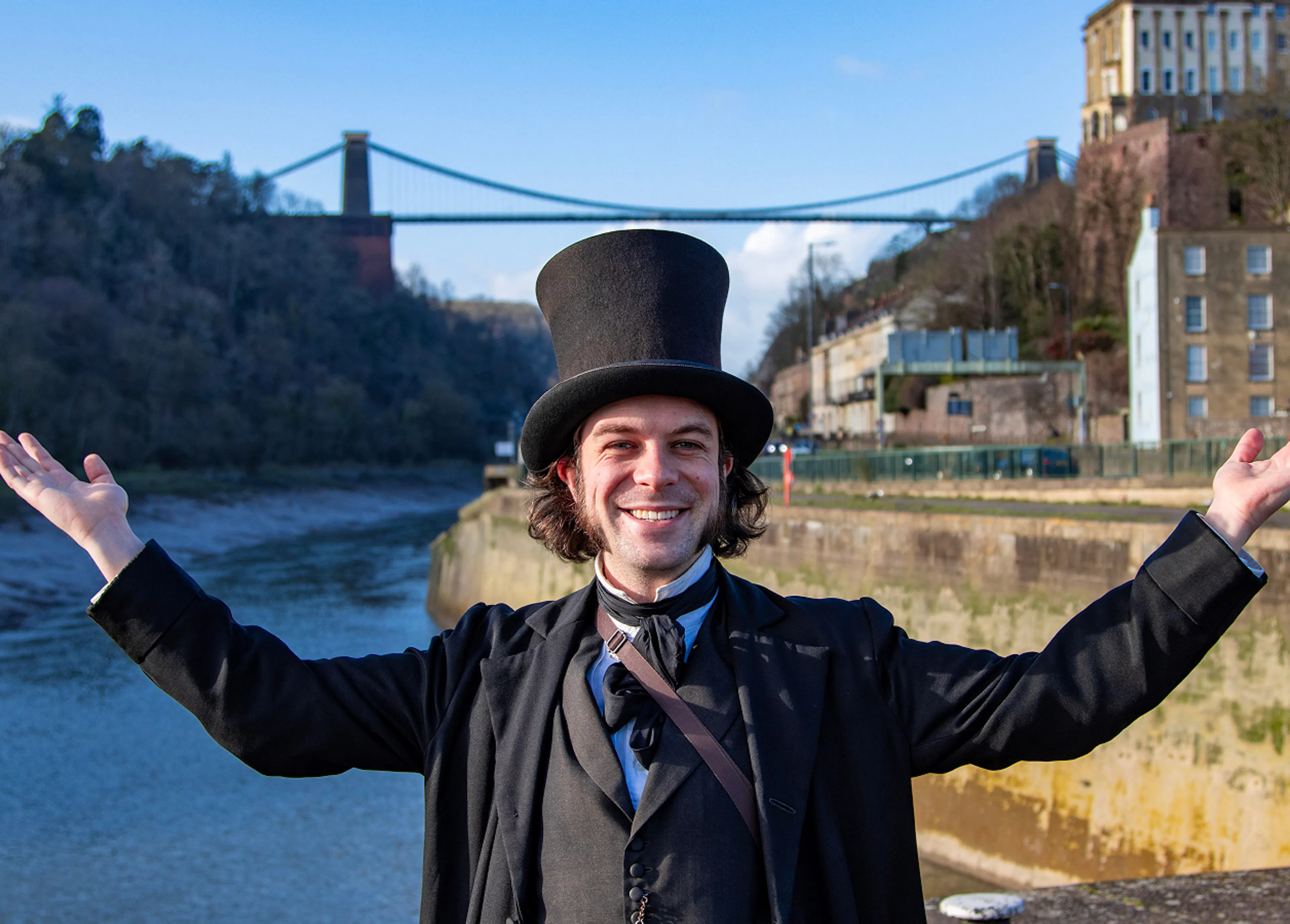Brunel stood in from of Clifton Suspension Bridge as part of the Bristol Dockyards walking tours 