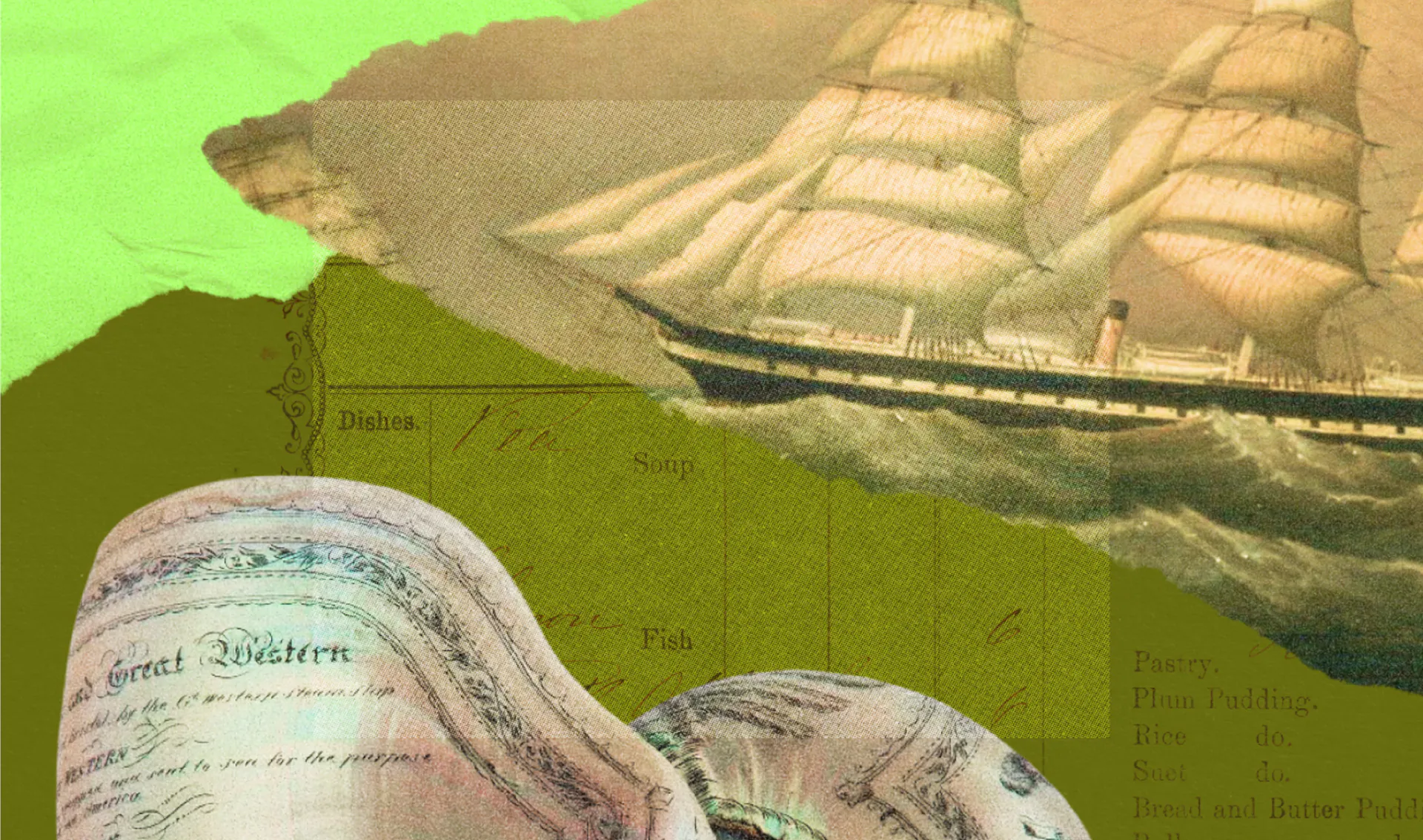 Brunel Institute collage with maritime shell and SS Great Britain painting 