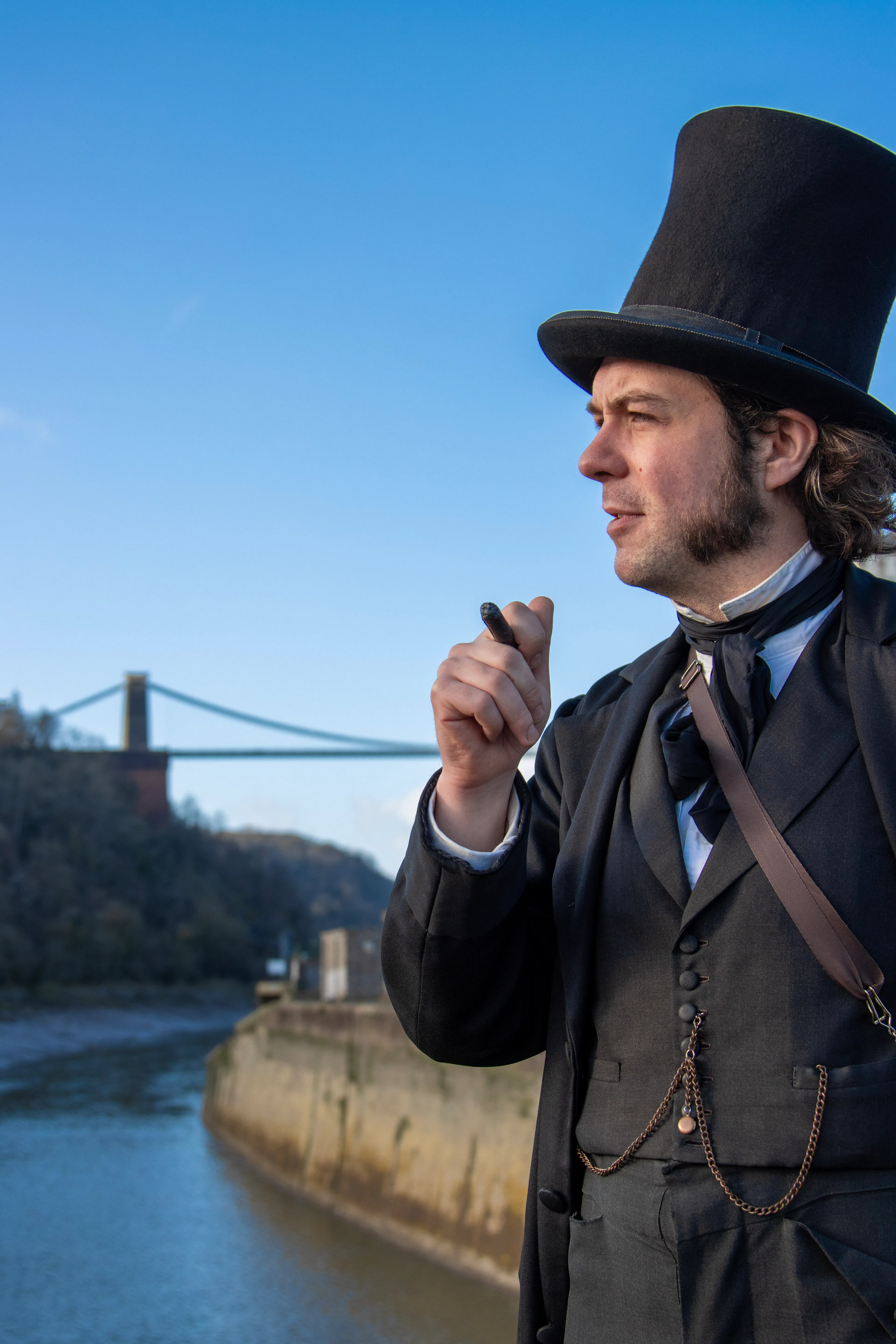 Brunel stood in from of Clifton Suspension Bridge as part of the Bristol Dockyards walking tours 
