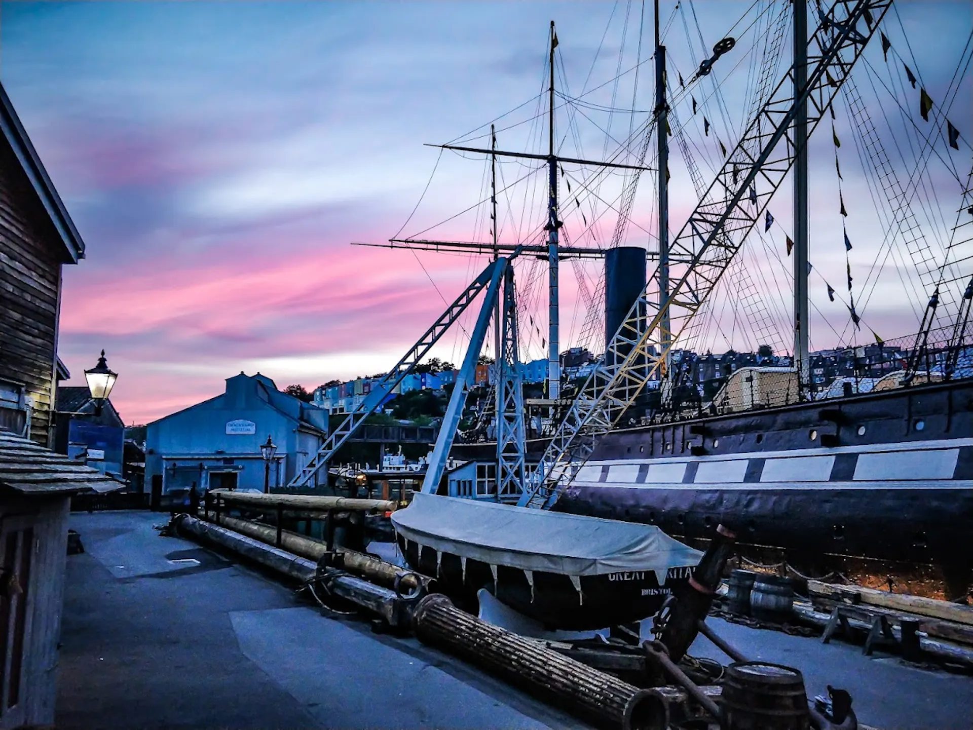 SS Great Britain sat on Bristol Dockyards with the red sky at night