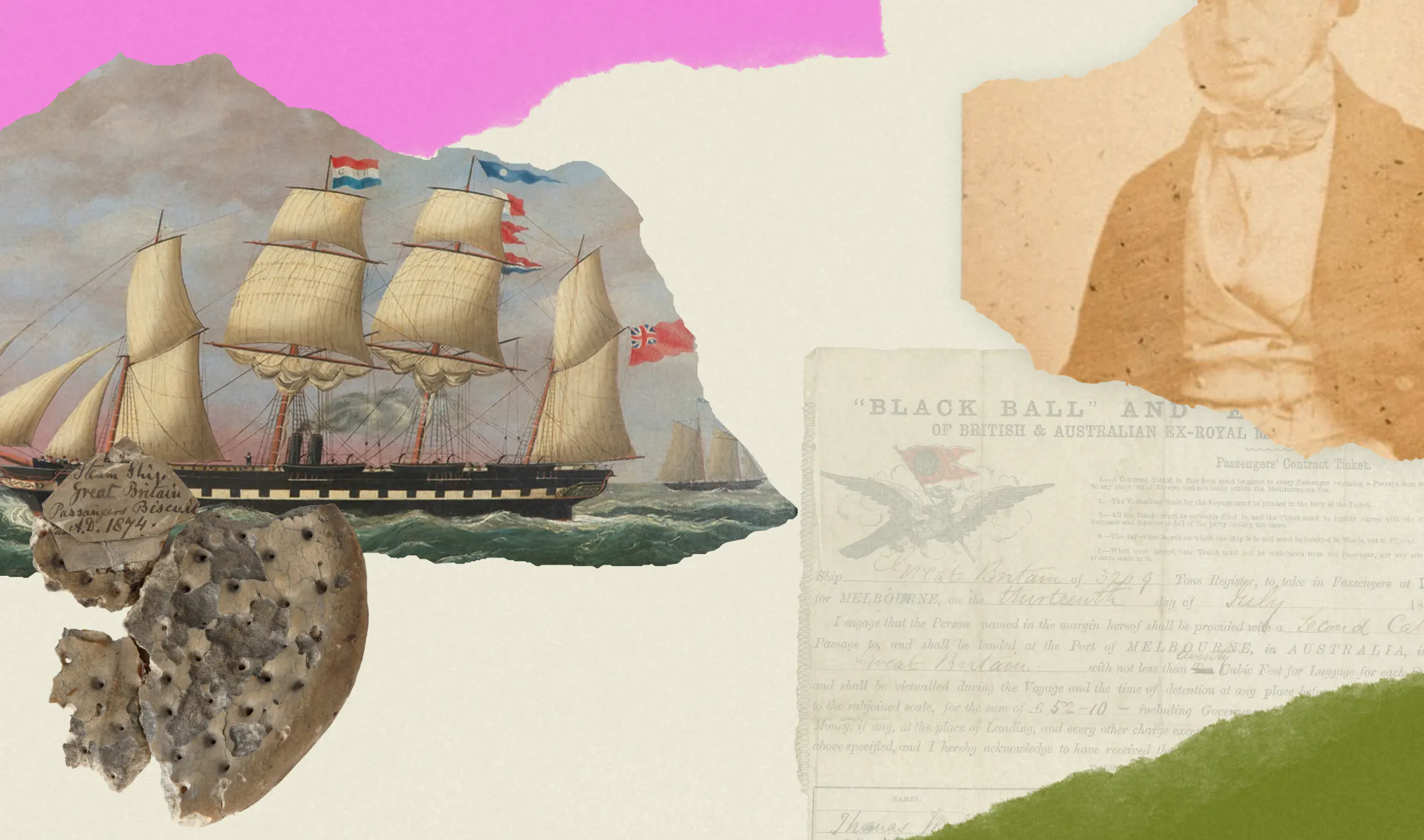 A collage relating to Bristol Dockyards' research and collections - depicting the steam ship Great Britain's "ship's biscuit" artefact, a painting of the ship and a portrait of the ship's engineer, Isambard Kingdom Brunel