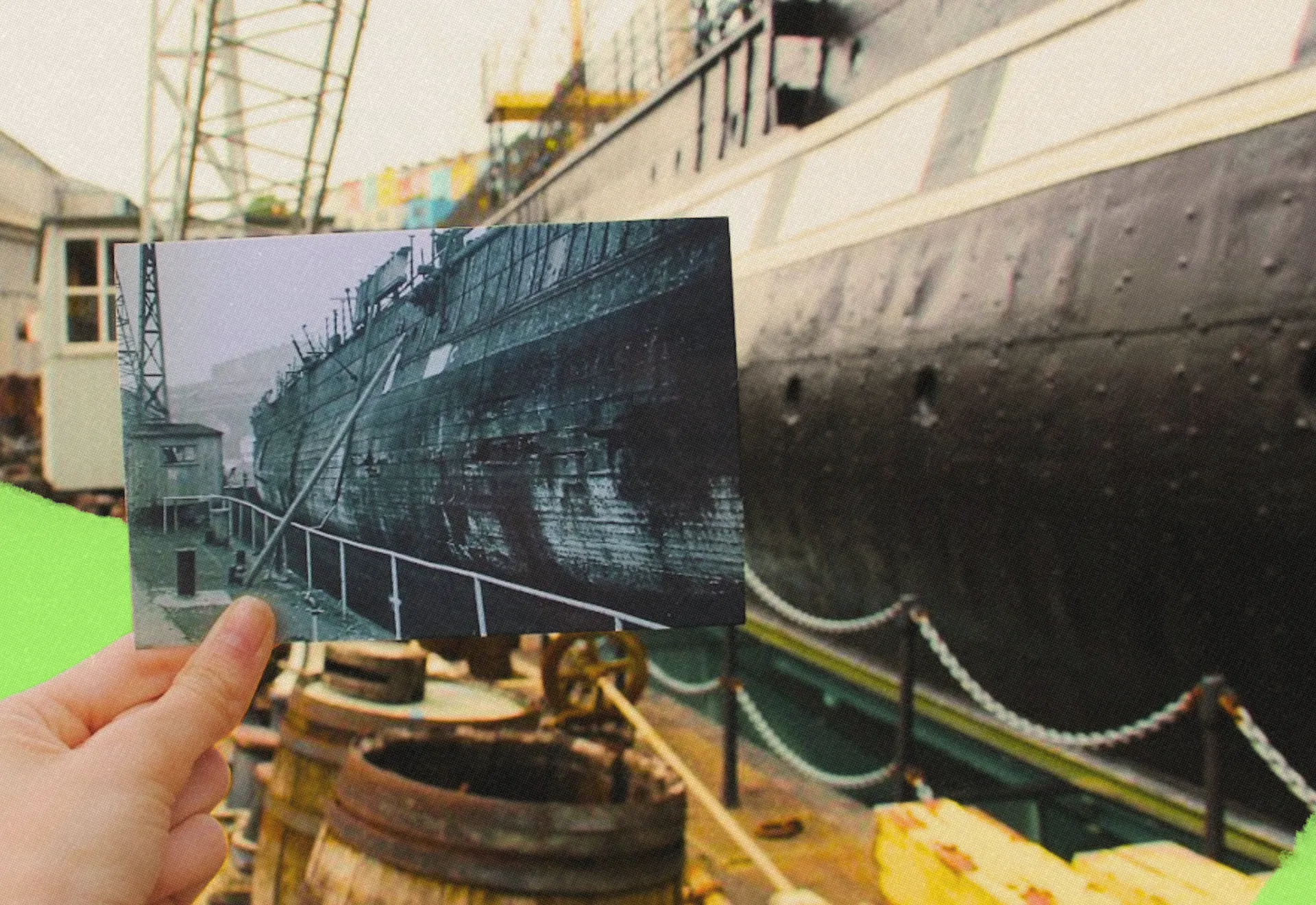 Then and now picture of the SS Great Britain at Bristol Dockyards