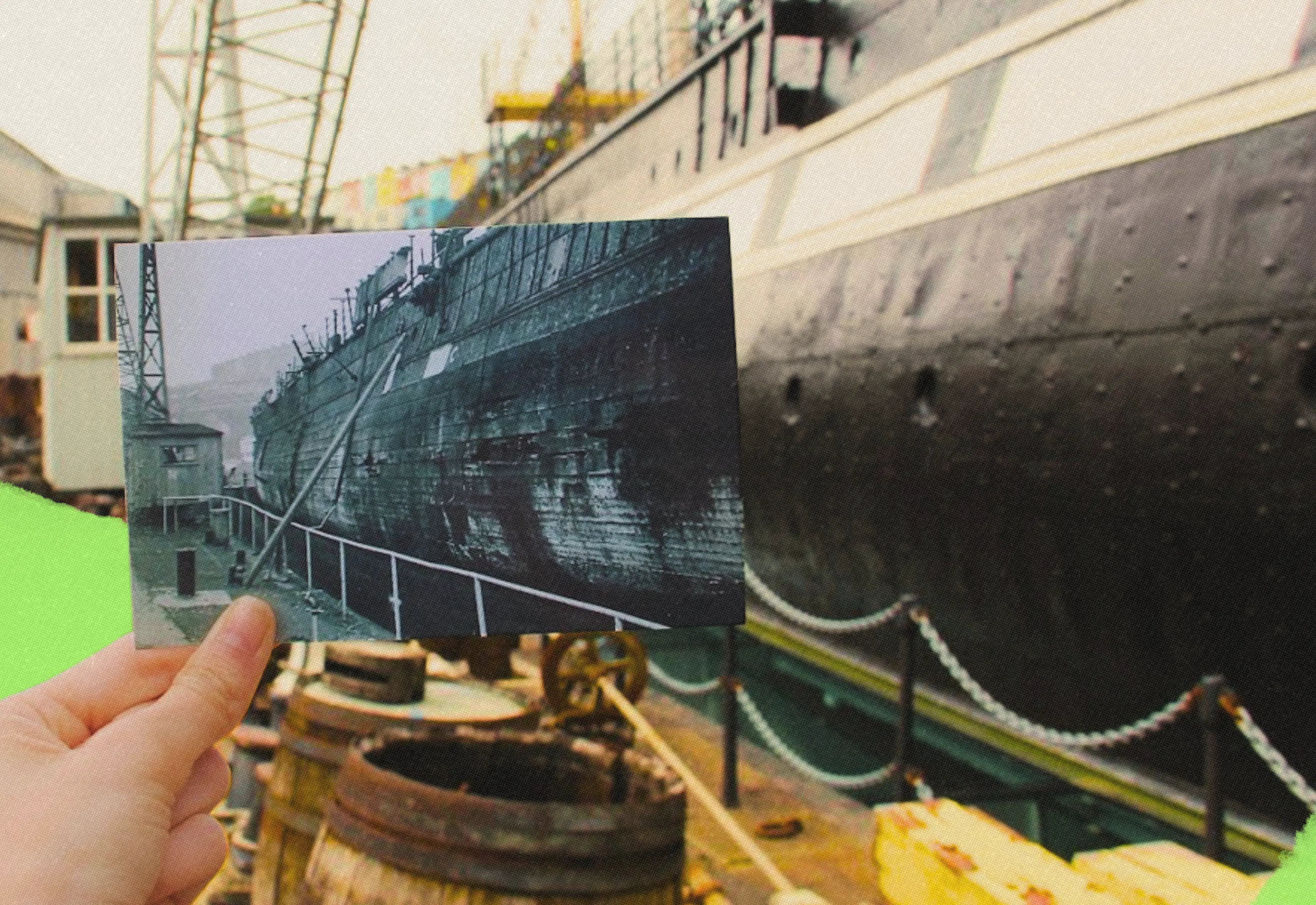 Then and now picture of the SS Great Britain at Bristol Dockyards
