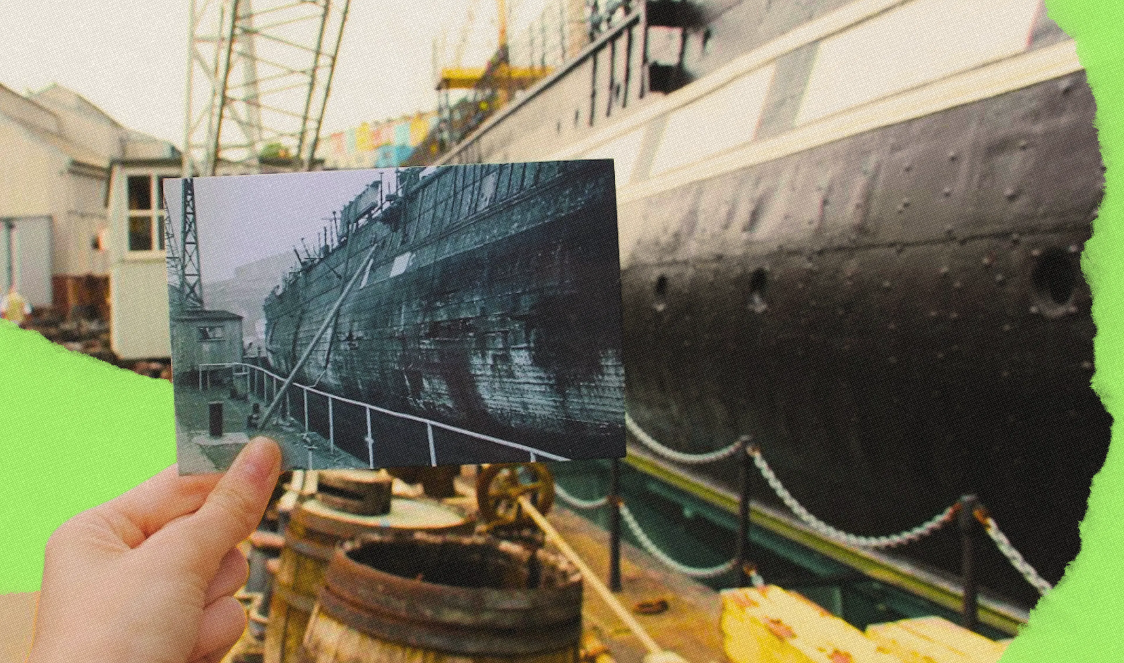 Then and now picture of the SS Great Britain at Bristol Dockyards