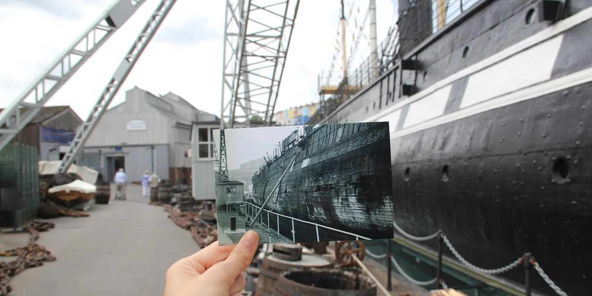 Then and now, side by side picture of the SS Great Britain at Bristol Dockyards 