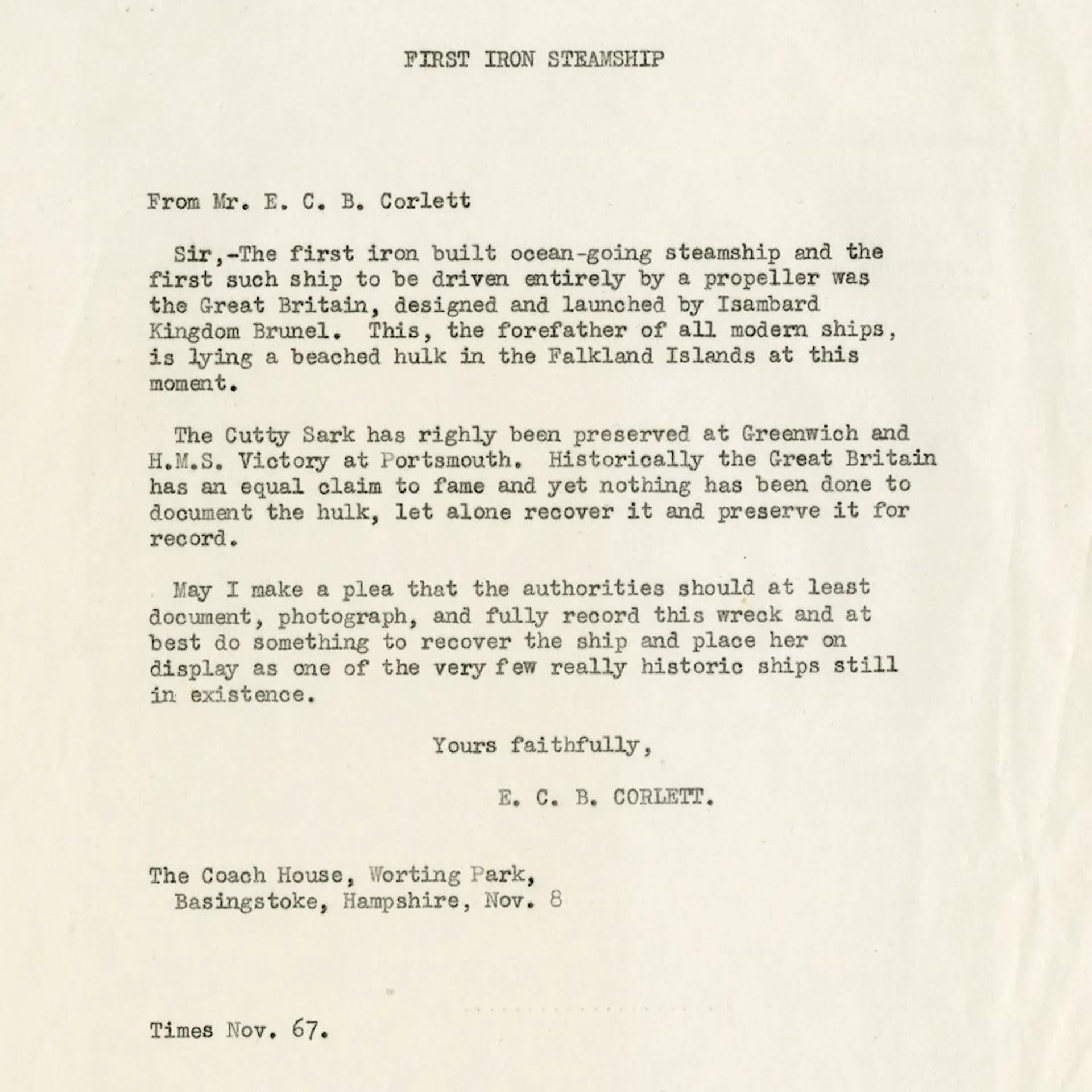Dr. Ewan Corlett letter to conserve the SS Great Britain 