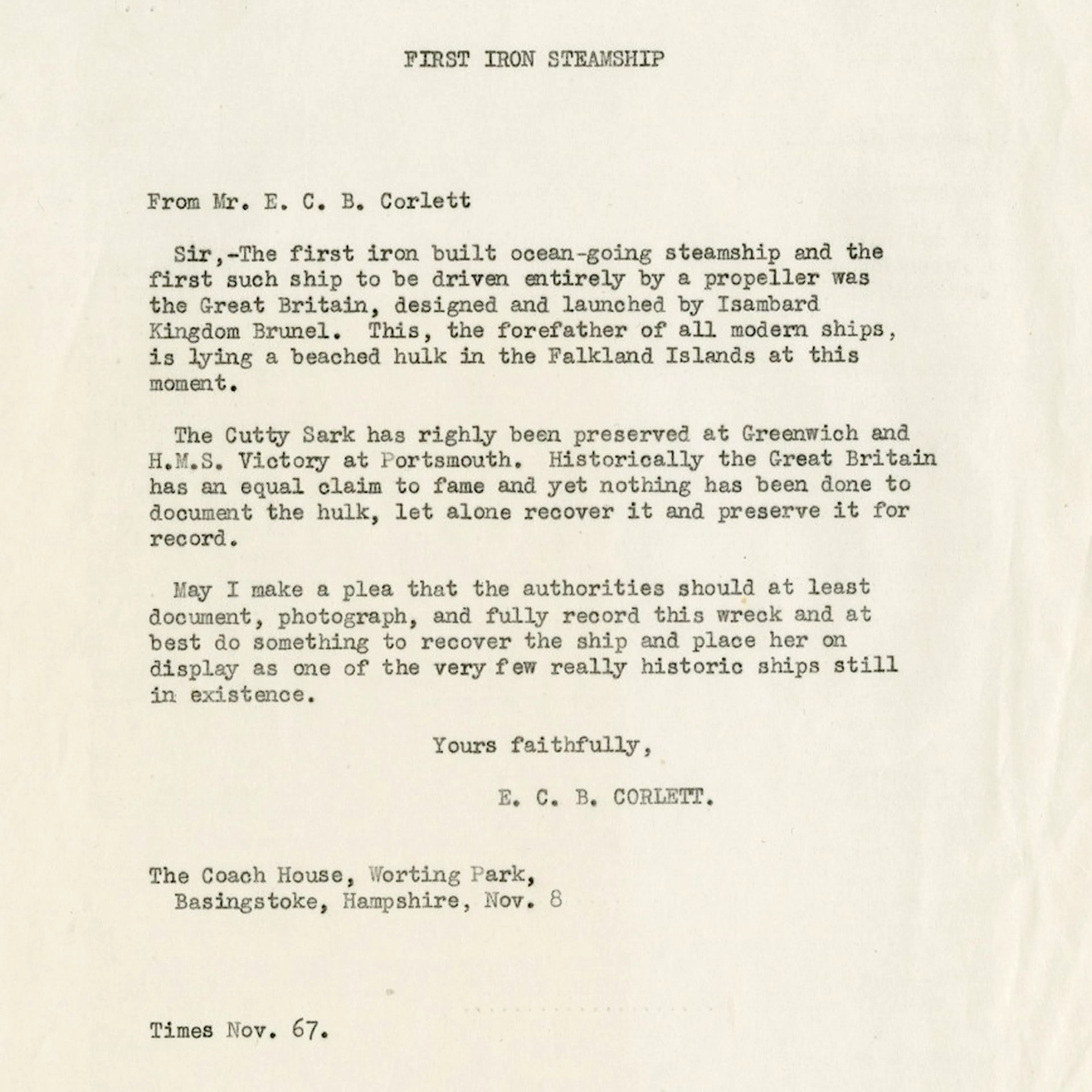Dr. Ewan Corlett letter to conserve the SS Great Britain 