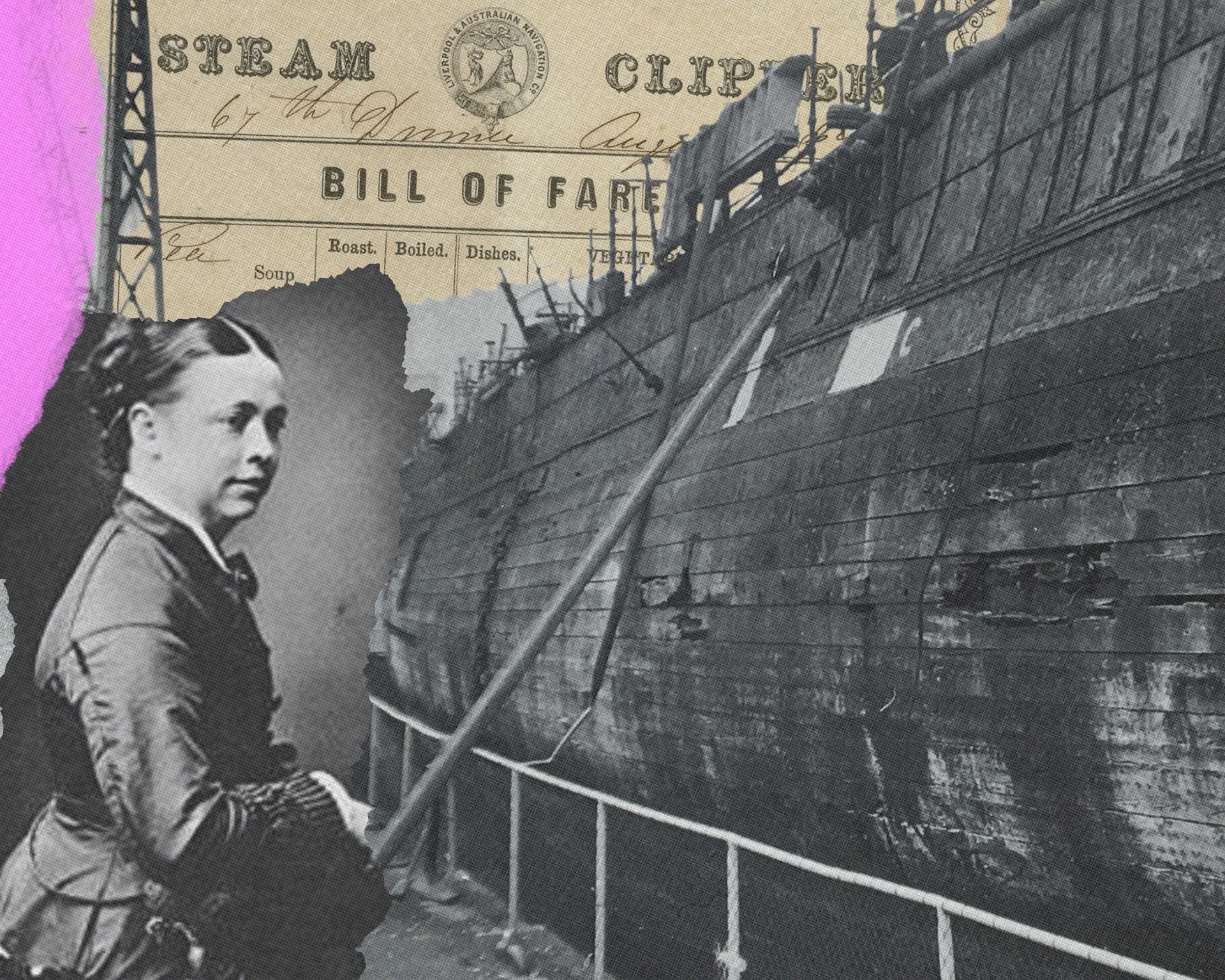 Collage of Historical photo of passenger and SS Great Britain 