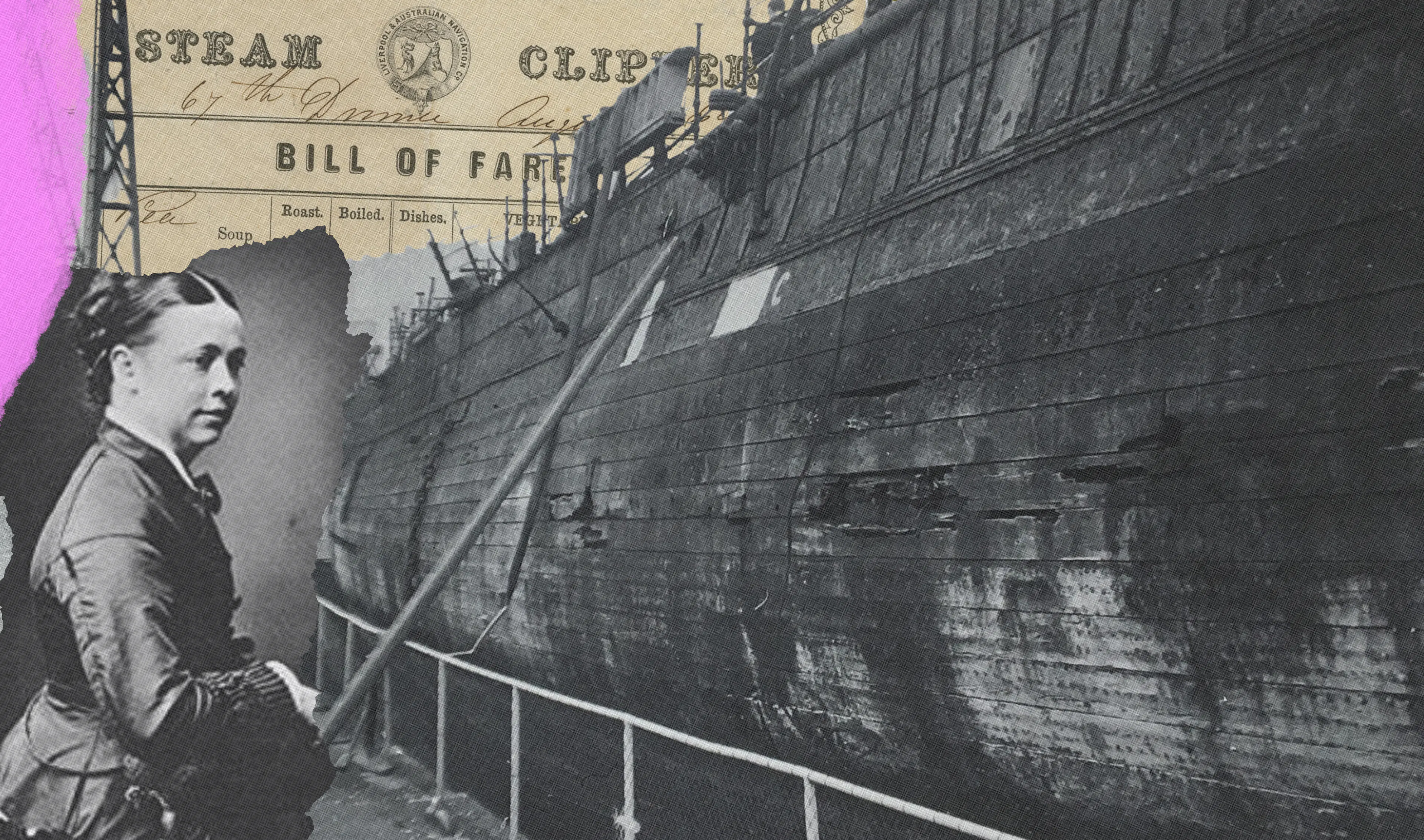 Collage of Historical photo of passenger and SS Great Britain 