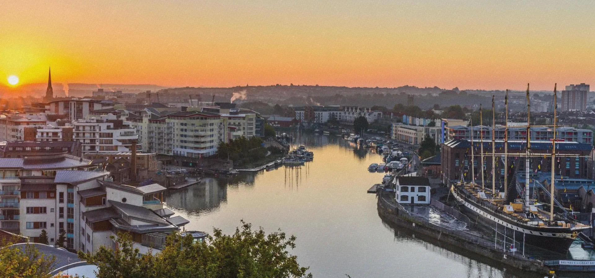 Birdseye view of the harbourside at sunset