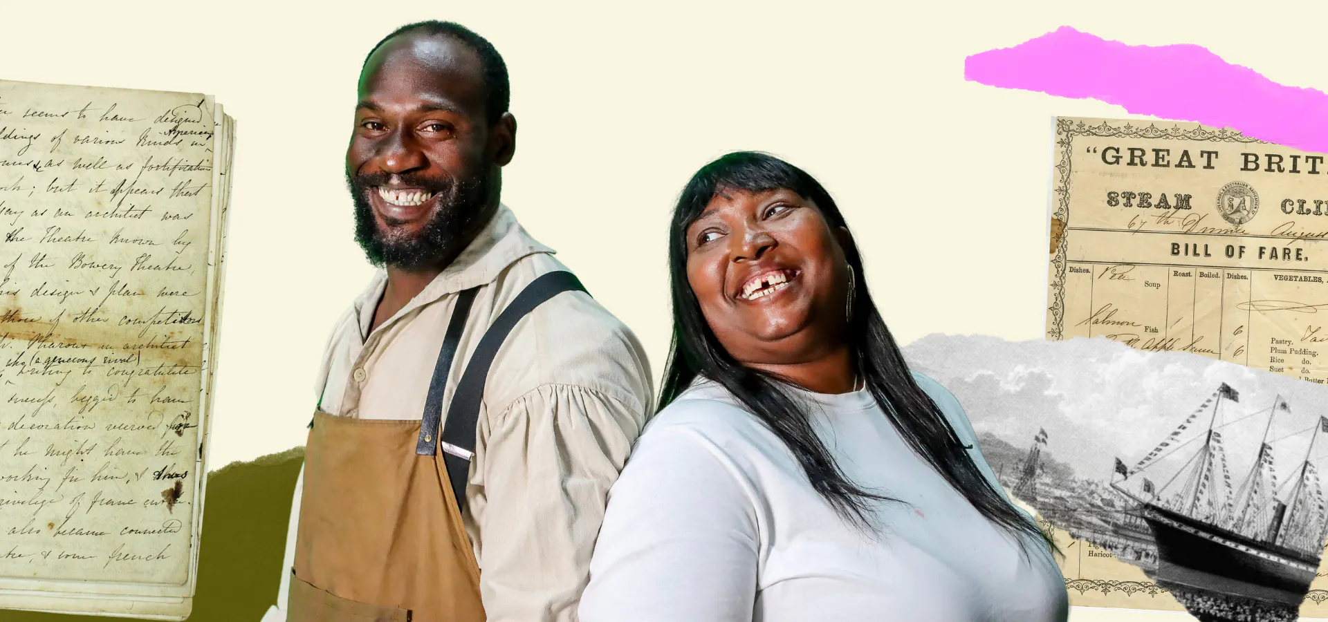 Community researcher Shani Whyte with the actor playing George Moses, the Caribbean cook who sailed SS Great Britain