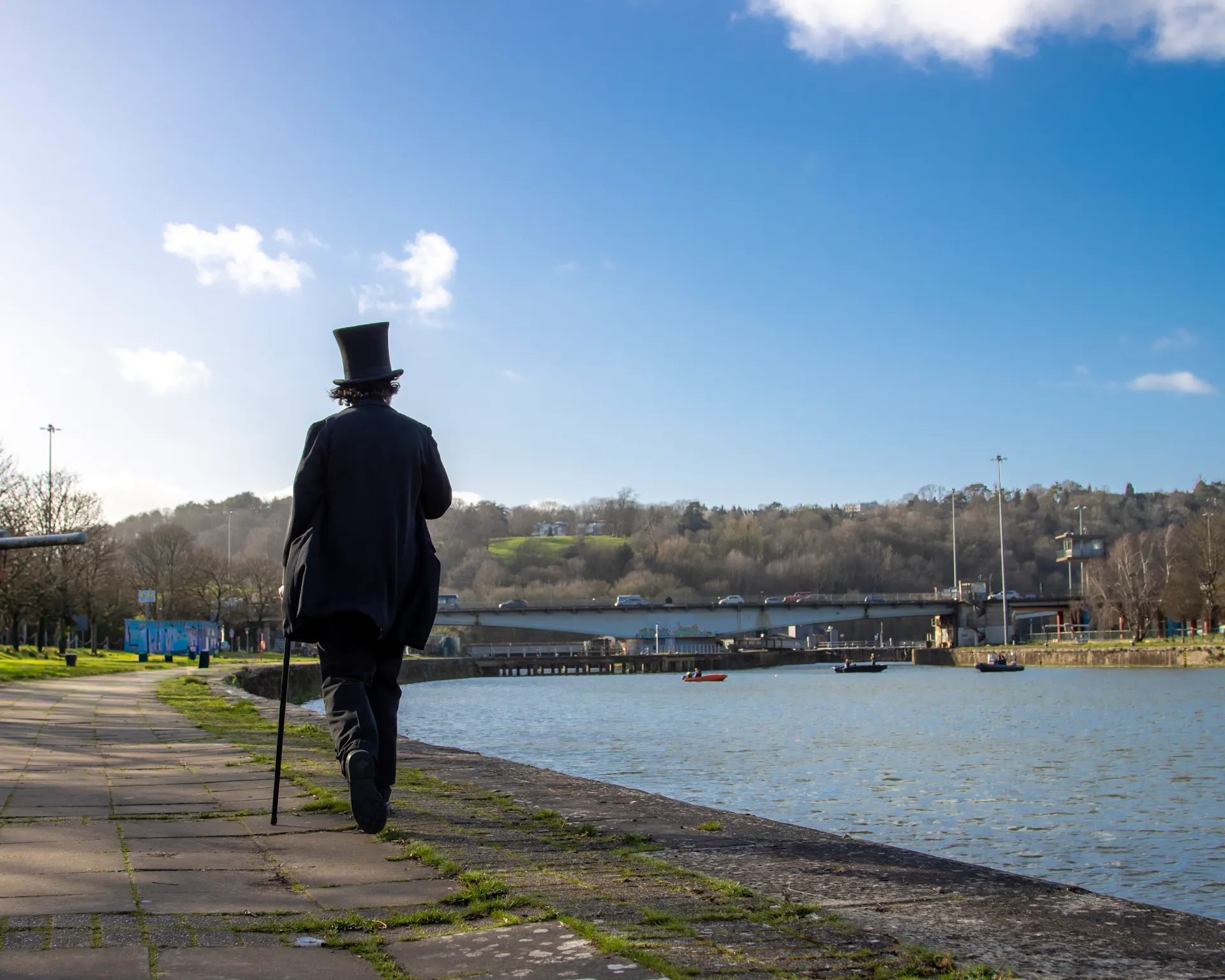 Brunel walking past Cumberland Basin in Bristol 