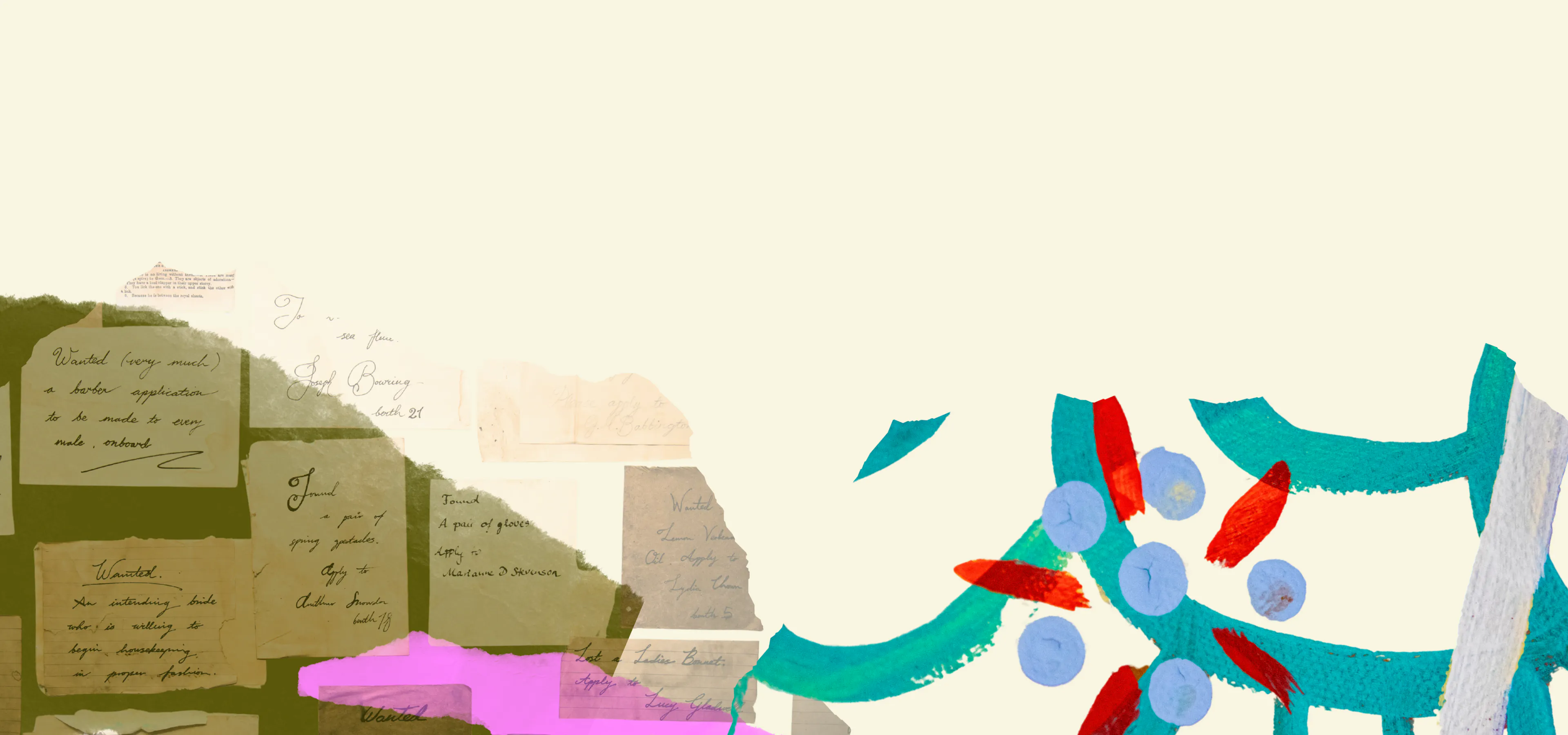 Collage of new museum items and colour splashes