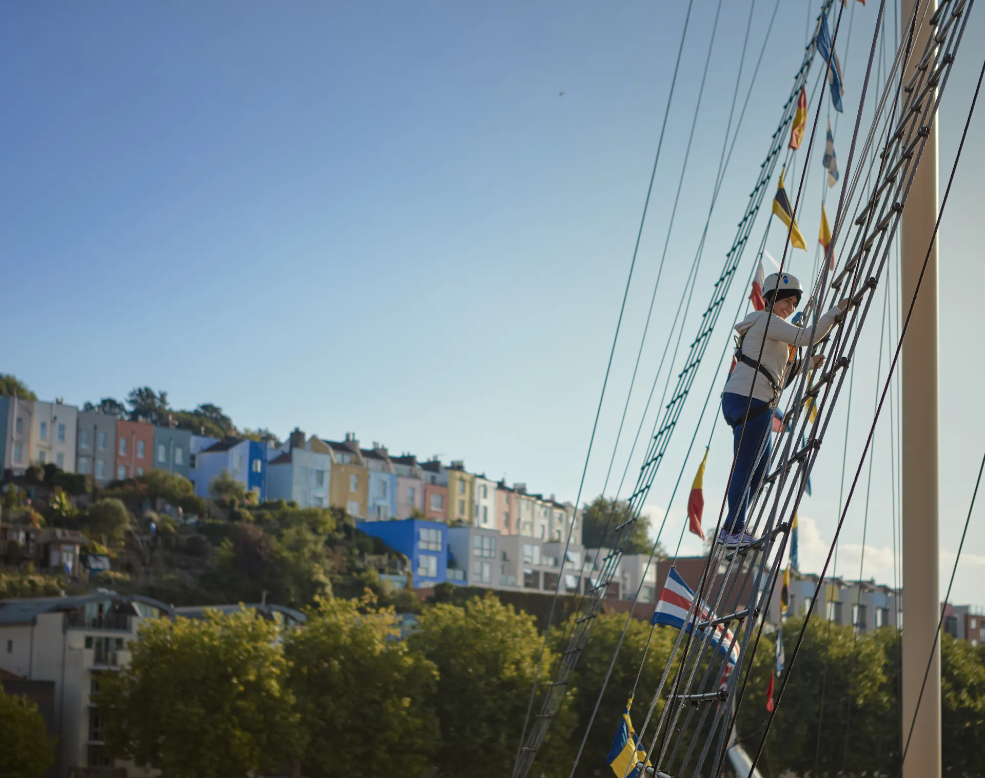 Someone climbing the rigging of the SS Great Britain