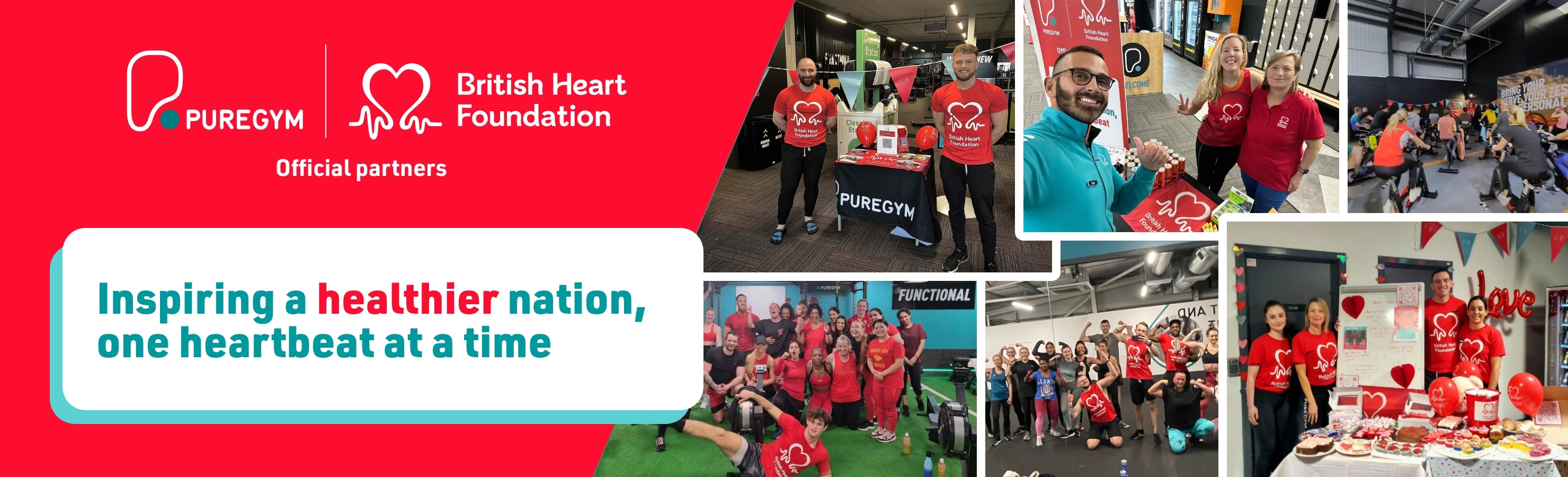 PureGym and British Heart Foundation partnership banner with photos of gym staff and members in red charity shirts hosting fundraising activities, workouts and display stands.