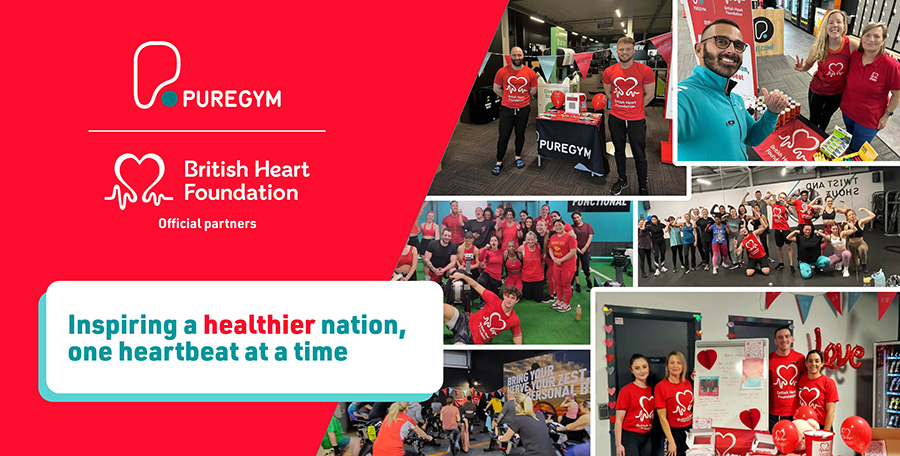 PureGym and British Heart Foundation partnership banner with photos of gym staff and members in red charity shirts hosting fundraising activities, workouts and display stands.