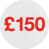 Red text of £150 in a grey circle background