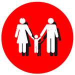 red circle with a family reunited icon