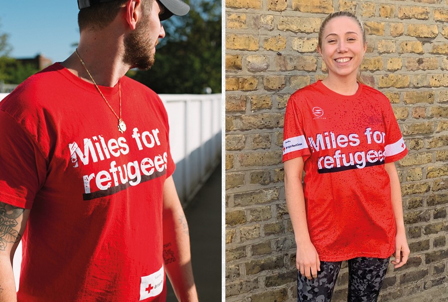 A man in a cotton Miles for Refugees t-shirt, and a woman in an athletic style Miles for Refugees t-shirt
