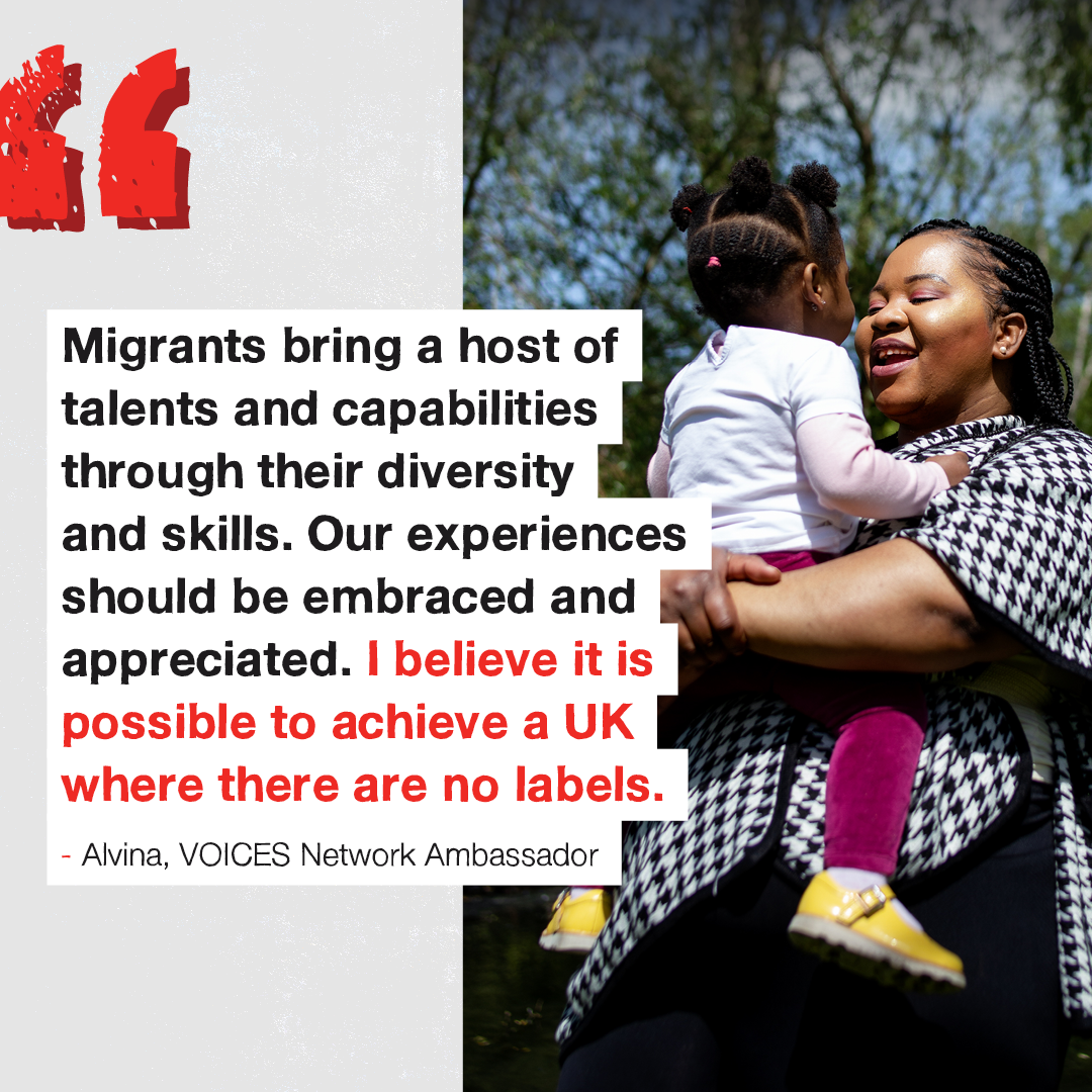 Image of a woman holding a child with a quote saying I believe it is possible to achieve a UK where there are no labels