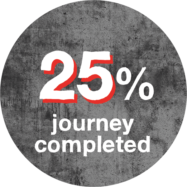 white text saying 25% journey completed with red highlight on dark grey background