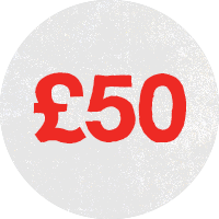 Red text of £50 in a grey circle background