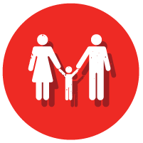 White graphic of a man and woman holding a child between them on a red background