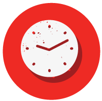 white graphic of a clock on a red background