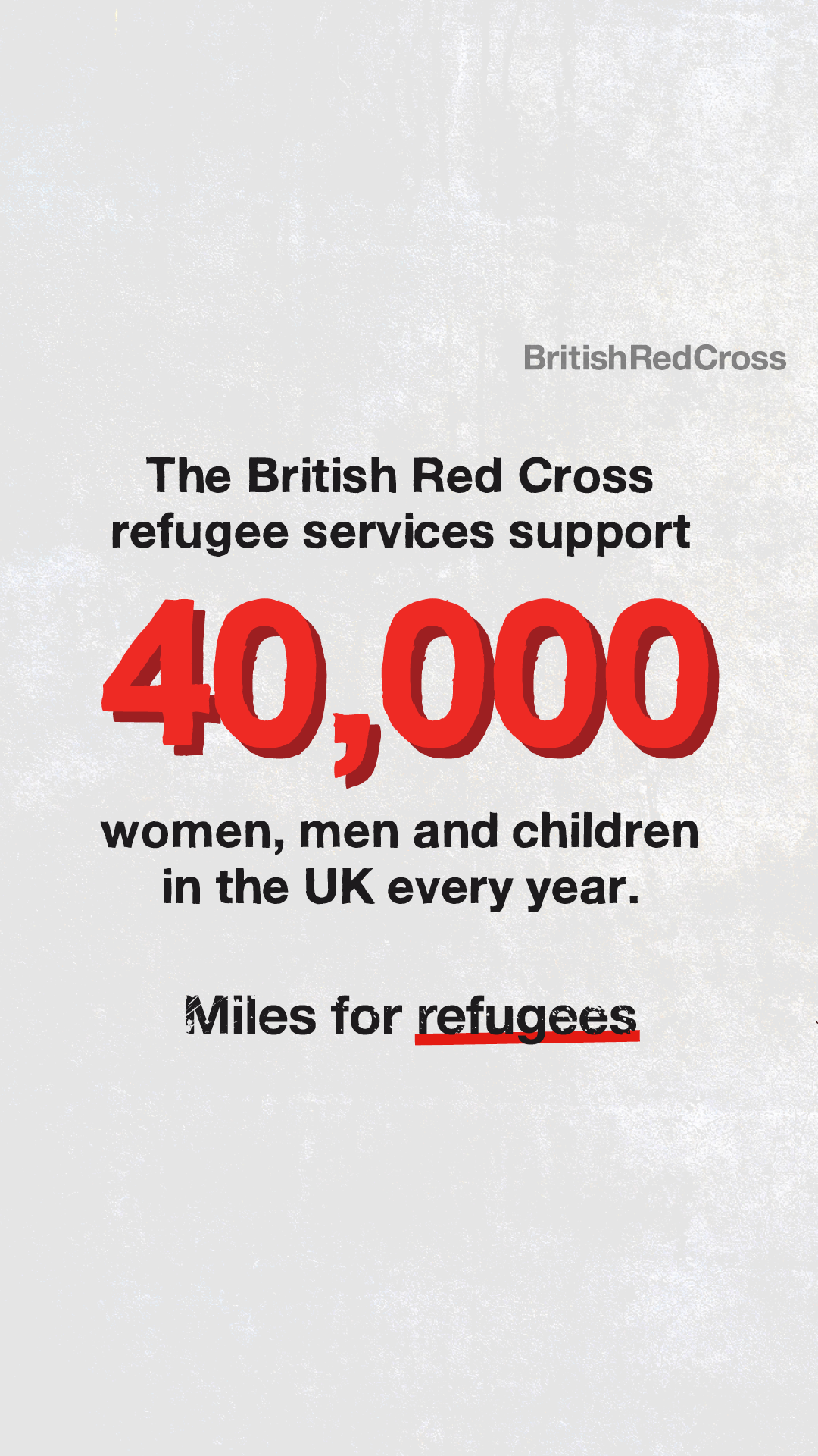 Text showing 40,000 people each year supported by British Red Cross UK services, shown on grey background