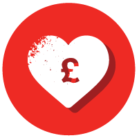 white graphic of a heart with a pound coin symbol in the middle shown on a red background