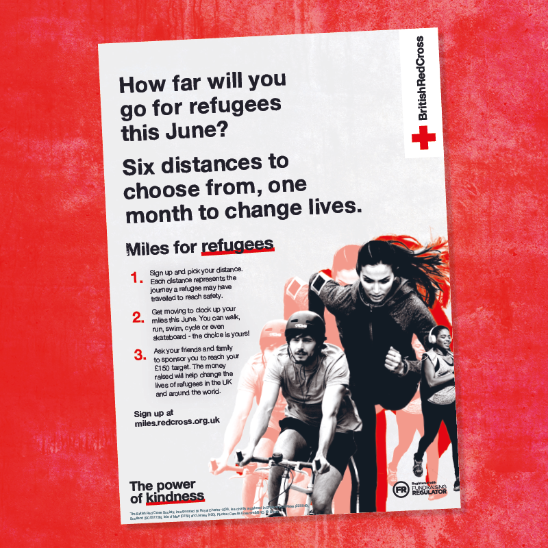 Picture of a Miles for Refugees recruitment poster on a red background