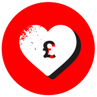 Red circle with a white heart and a pound symbol in white over the top