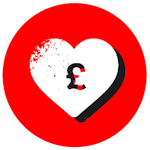 Red circle with a white heart and a pound symbol in white over the top