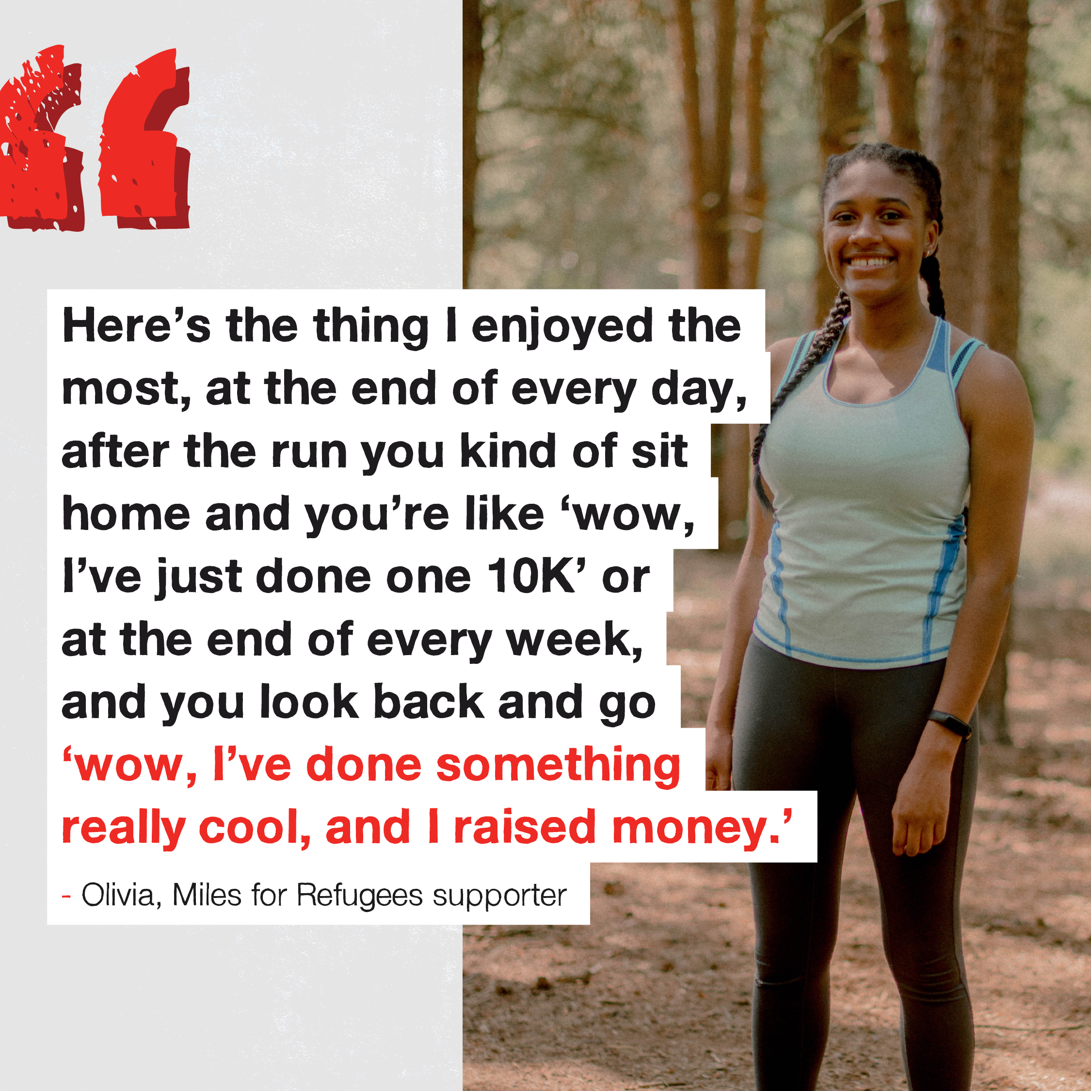 image of a woman in a running top with a quote saying wow I've done something really cool I've raised money