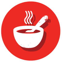 White graphic of a bowl of soup on a red background
