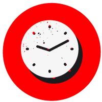 Red circle with a white clock symbol over the top