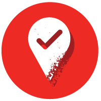 white graphic of a map marker with a tick on it shown on a red background