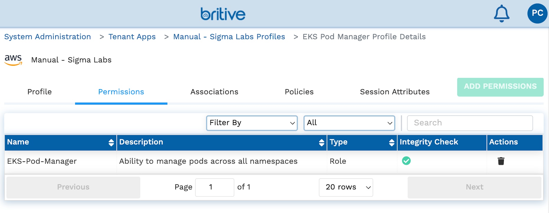 The EKS Pod Manager profile configured in Britive