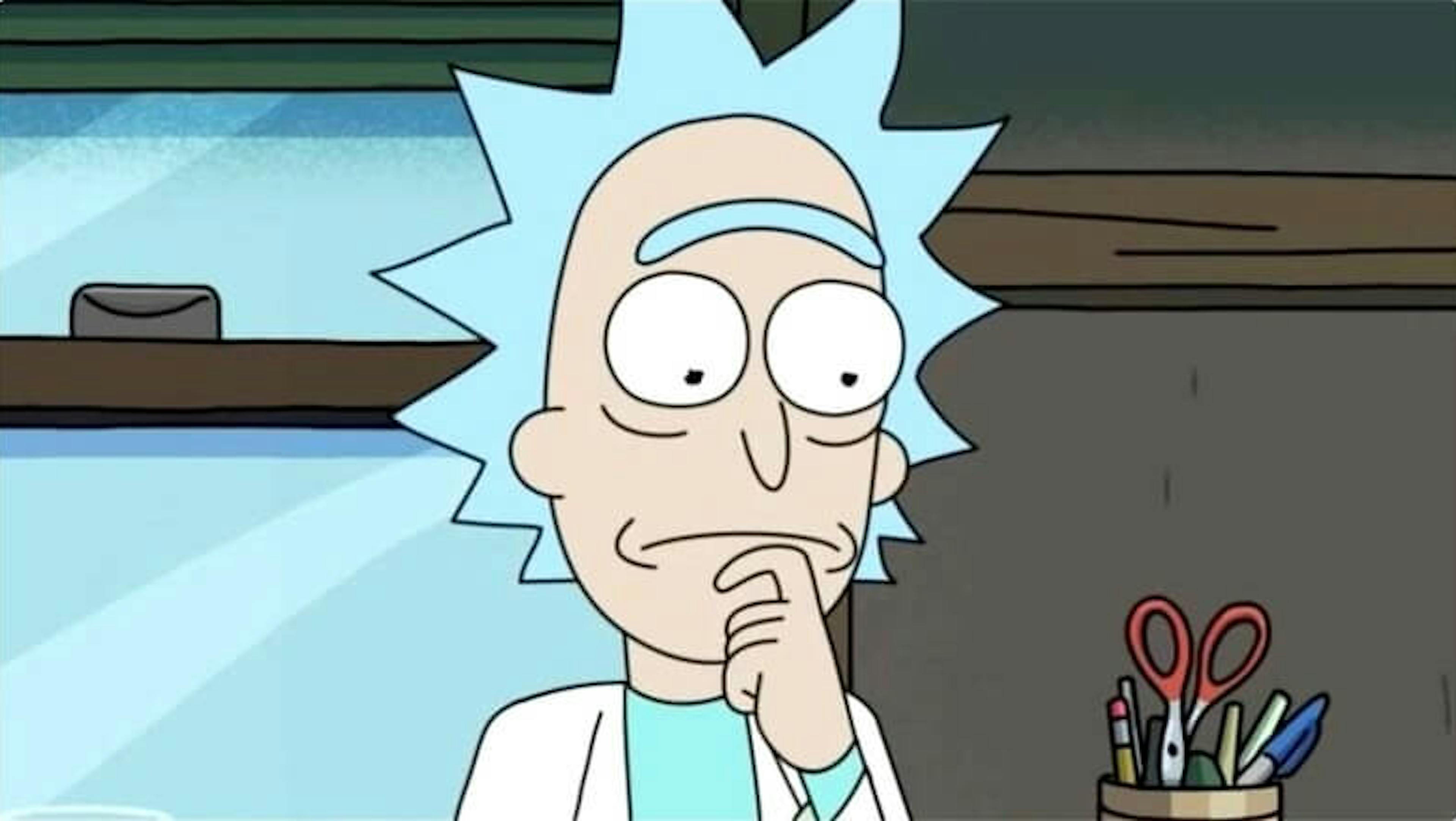 Rick do seriado Rick and Morty com a mão no queixo em um semblante pensativo