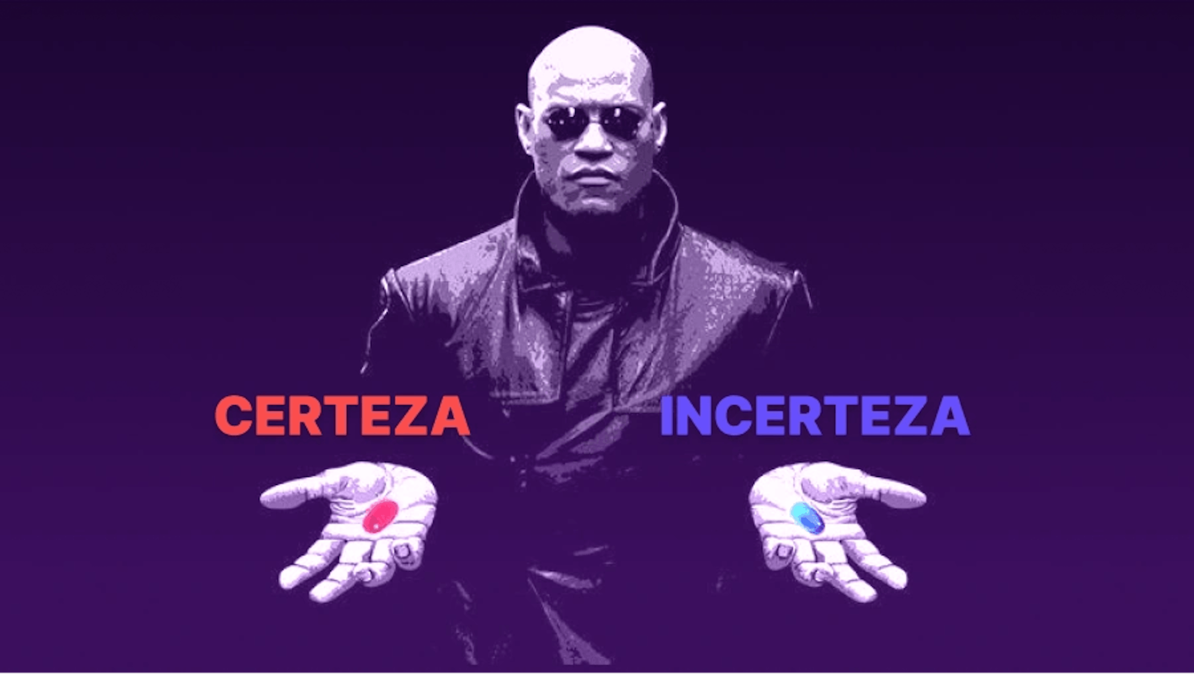 Cena do filme Matrix: Morpheus oferecendo as pílulas vermelha e azul