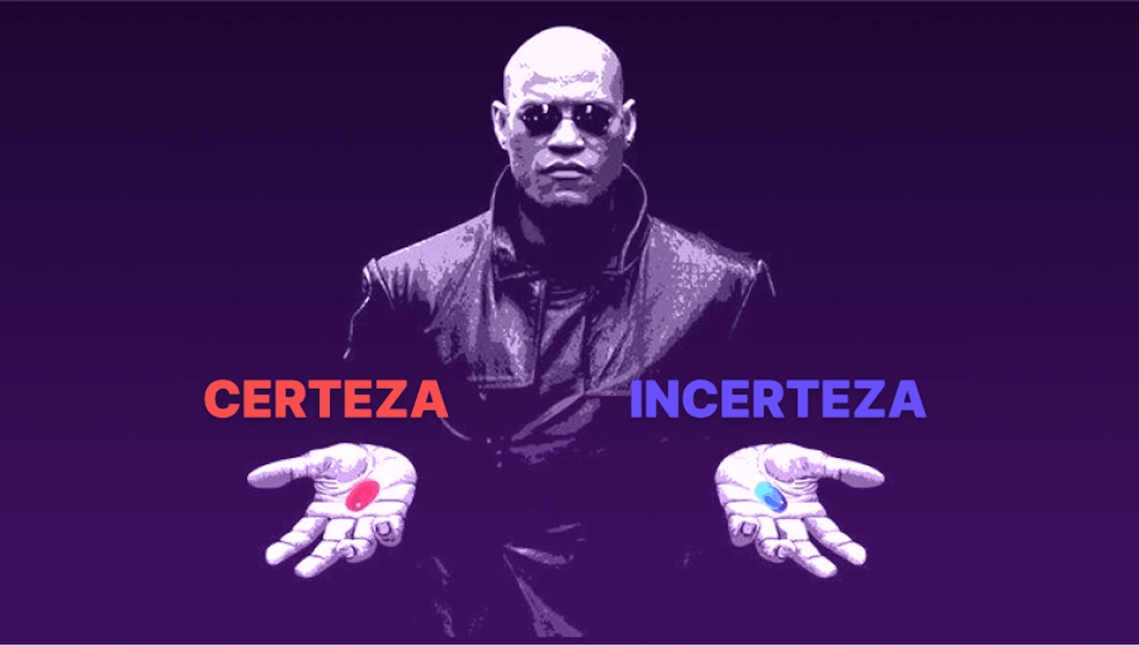 Cena do filme Matrix: Morpheus oferecendo as pílulas vermelha e azul