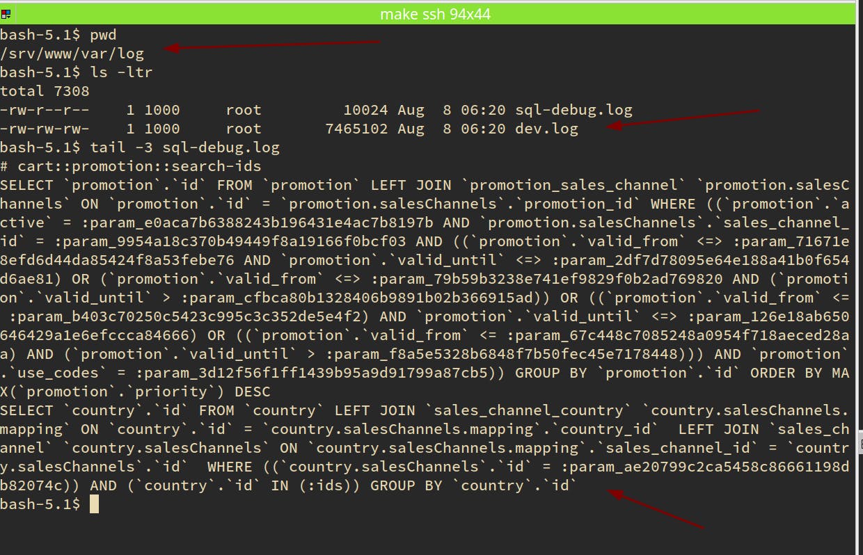 Terminal that display folder, file and output of MySQL debug result.