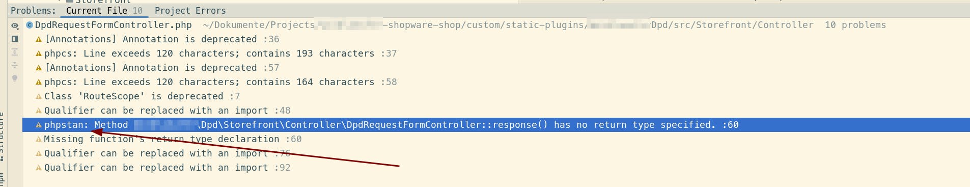 Picture shows PHPStan validation in problems tab of PHPStorm.