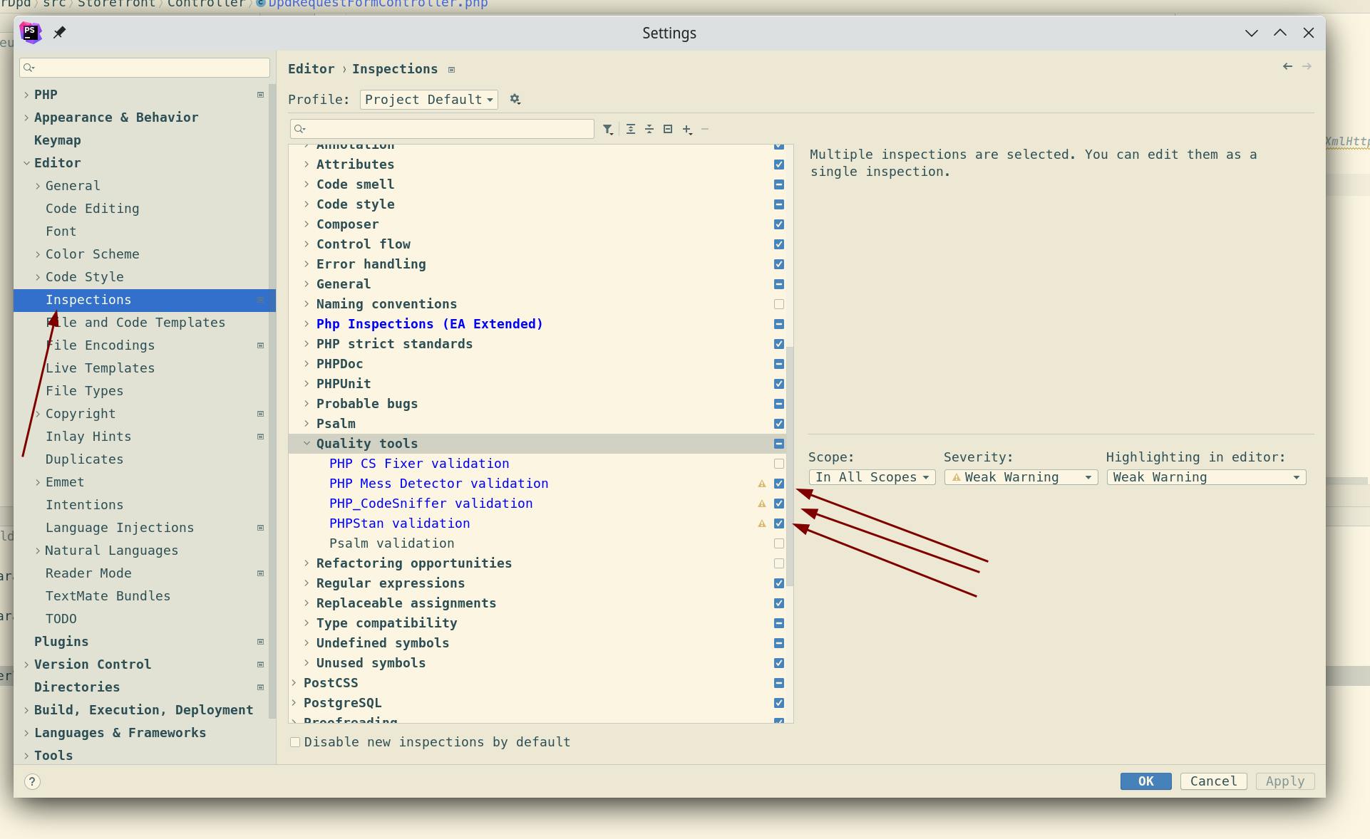 Configure the PHP Quality tools inspections you want to use in PHPStorm settings.